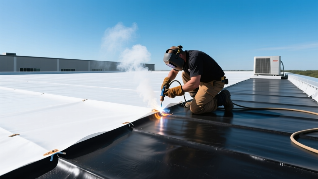 Contractor heat-welding white TPO membrane seams next to black EPDM rubber on a commercial flat roof under clear skies.