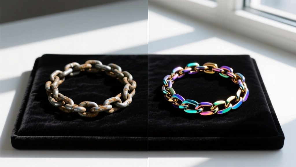 Split-screen comparison of a tarnished zinc alloy chain next to a pristine PVD-coated titanium chain on a dark velvet display pad