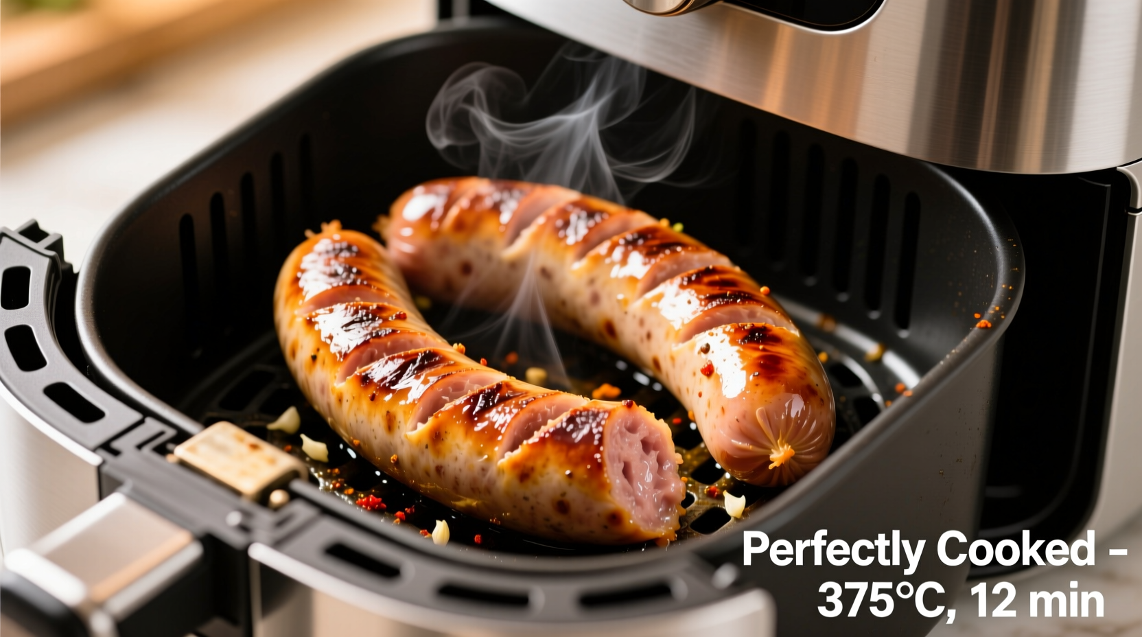 Perfectly cooked bratwurst in air fryer basket