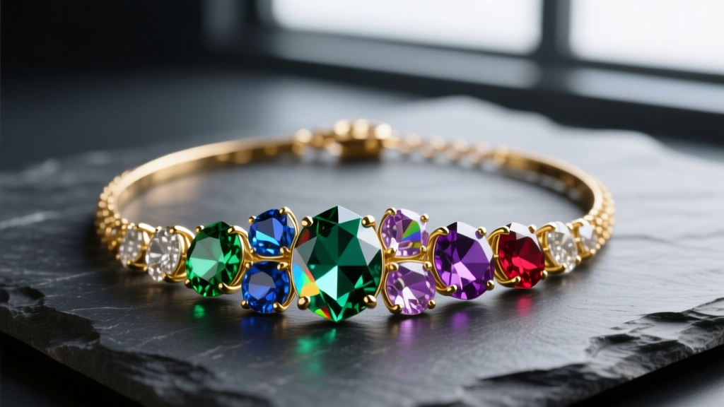 Macro photography of a gold-plated brass necklace with mixed faceted glass crystals in jewel tones resting on dark slate.