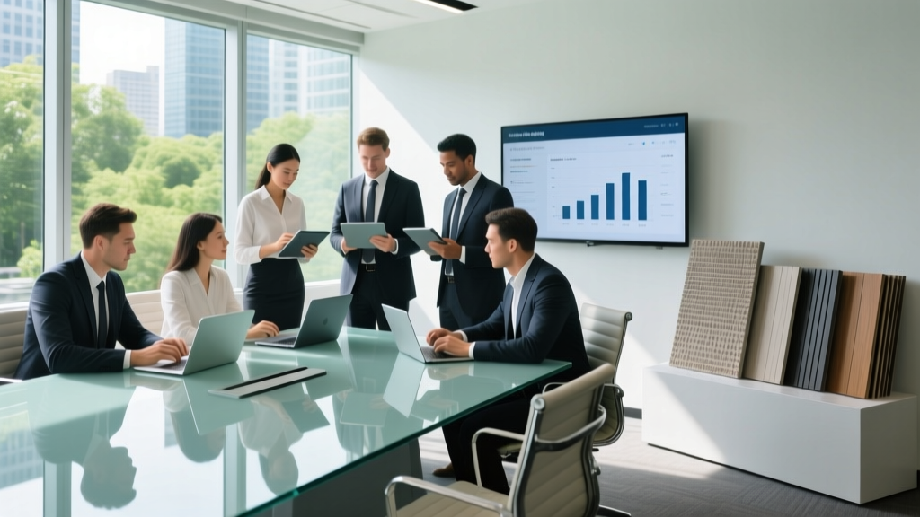 Marketing team reviewing channel analytics next to physical building material samples like fiber cement in a bright boardroom