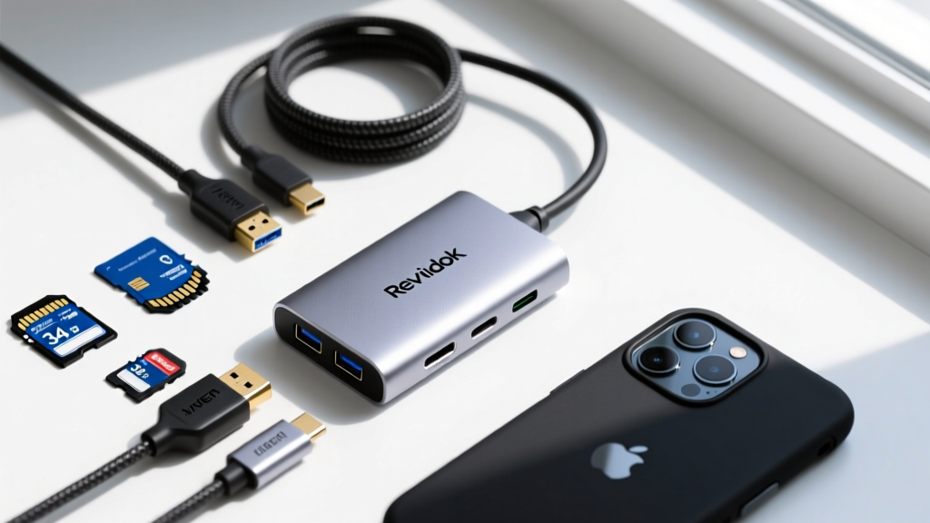 Overhead shot of a UGREEN Revodok and Anker 341 hub surrounded by SD cards, HDMI cables, and a smartphone, demonstrating versatile connectivity.