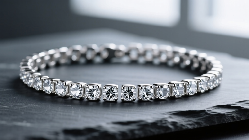 Close-up of a sparkling 925 sterling silver tennis bracelet studded with round cubic zirconia stones resting on dark slate