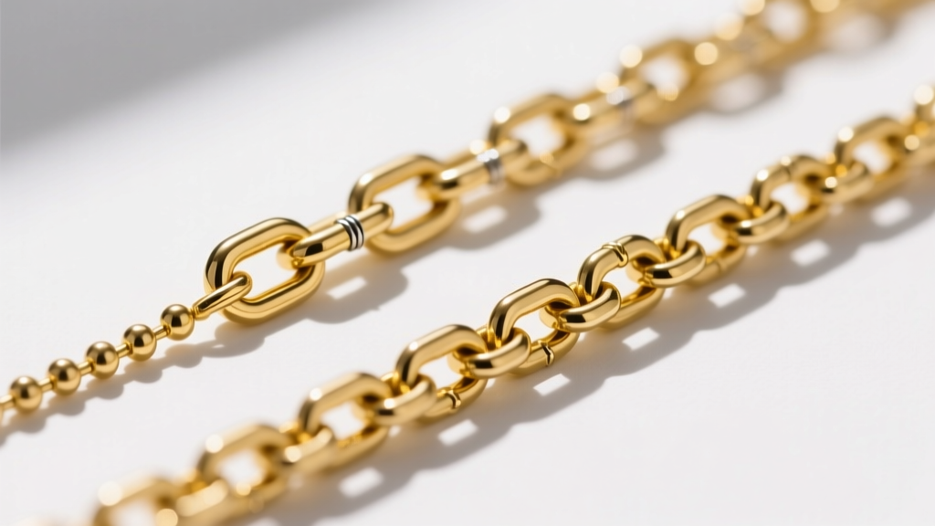 Macro comparison of a 0.9mm rolo chain and a 1.2mm box chain, highlighting soldered joints and high-polish yellow gold finish.