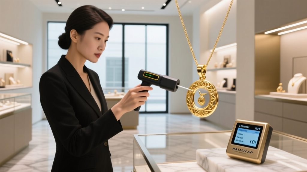 Boutique buyer using a handheld XRF analyzer to test the micron thickness and karat purity of a gold vermeil pendant in a showroom.