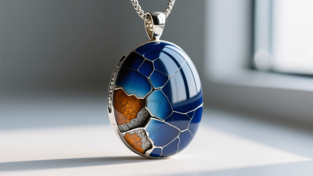 Macro view of chipped epoxy cold enamel on a pendant next to smooth vitreous enamel, highlighting distinct surface texture shifts.