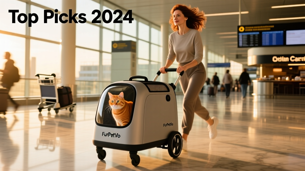 A person effortlessly pulling a FurPetVo wheeled carrier through a busy airport terminal, with cat visible through the mesh window