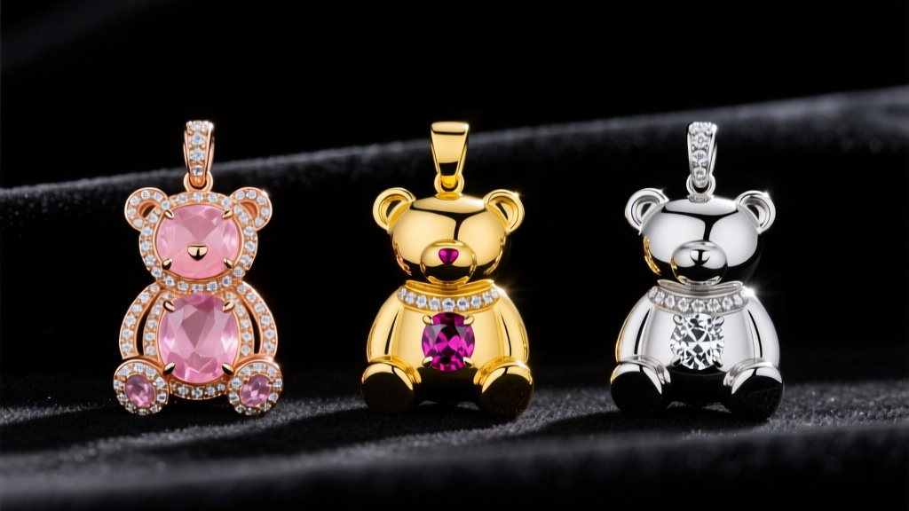 Three Tous bear pendants in rose gold, yellow gold, and silver with pink quartz, ruby, and diamond pavé displayed on dark velvet.
