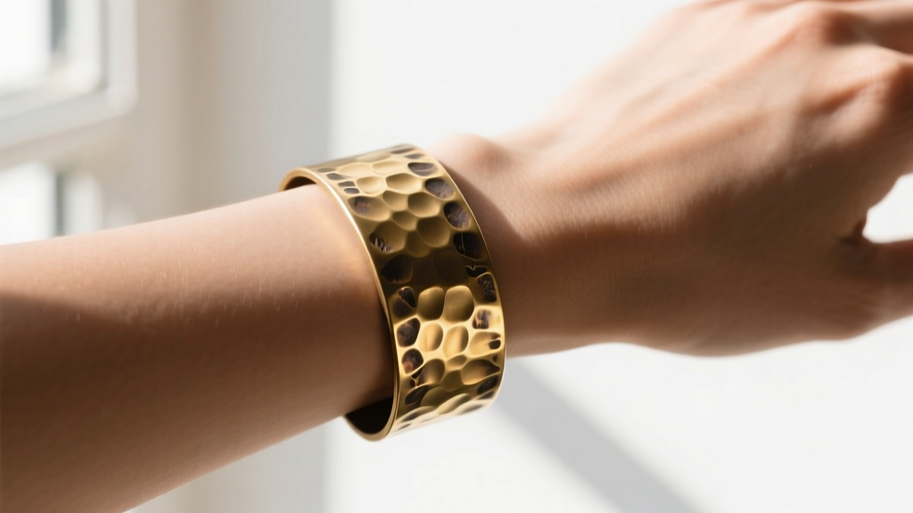 Close-up of a wrist wearing a hammered brass cuff bracelet, soft sunlight highlighting the textured metal and subtle oxidation