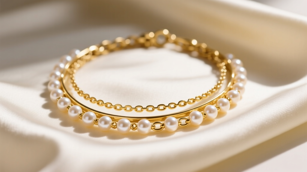 Macro photography of a 14k yellow gold layered necklace set with small freshwater pearls resting on a soft silk fabric swatch.