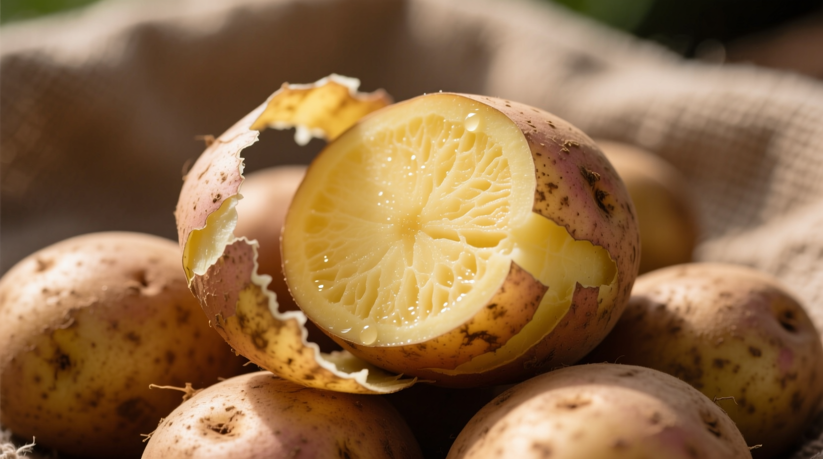 Fresh potatoes with partially peeled skin showing nutrient-rich layer