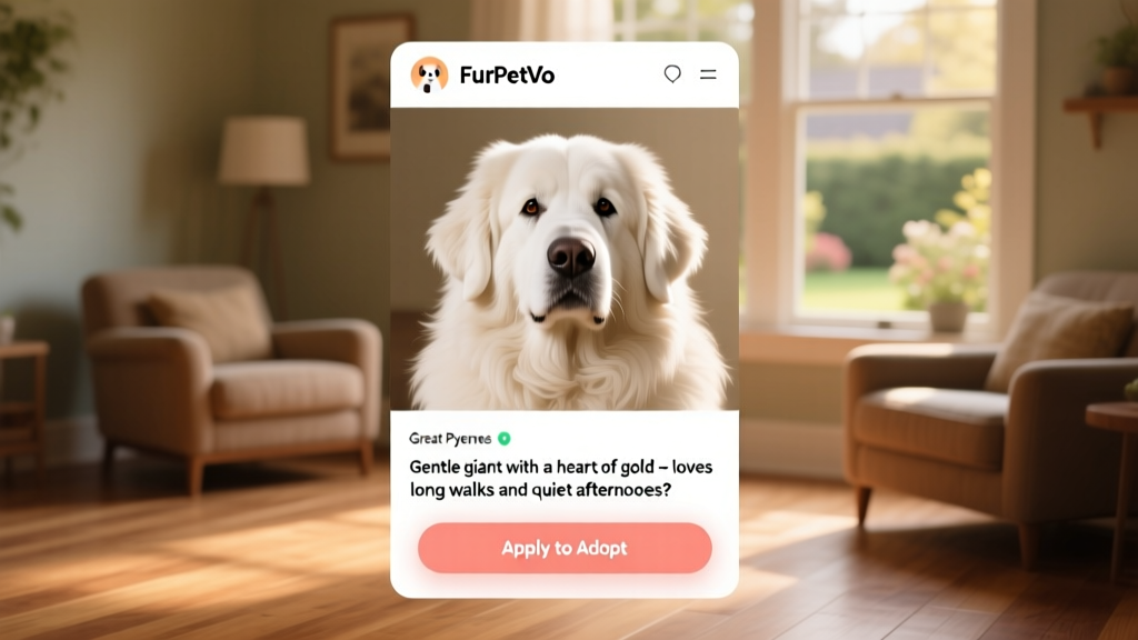 Screenshot-style illustration showing a well-designed FurPetVo pet profile page with photos, bio, and 'Apply to Adopt' button