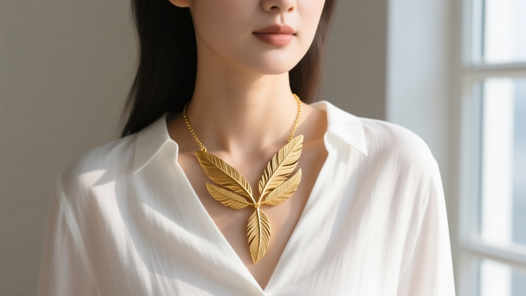 Close-up of a woman wearing a layered 14k solid gold feather pendant necklace over a crisp white linen button-down shirt.