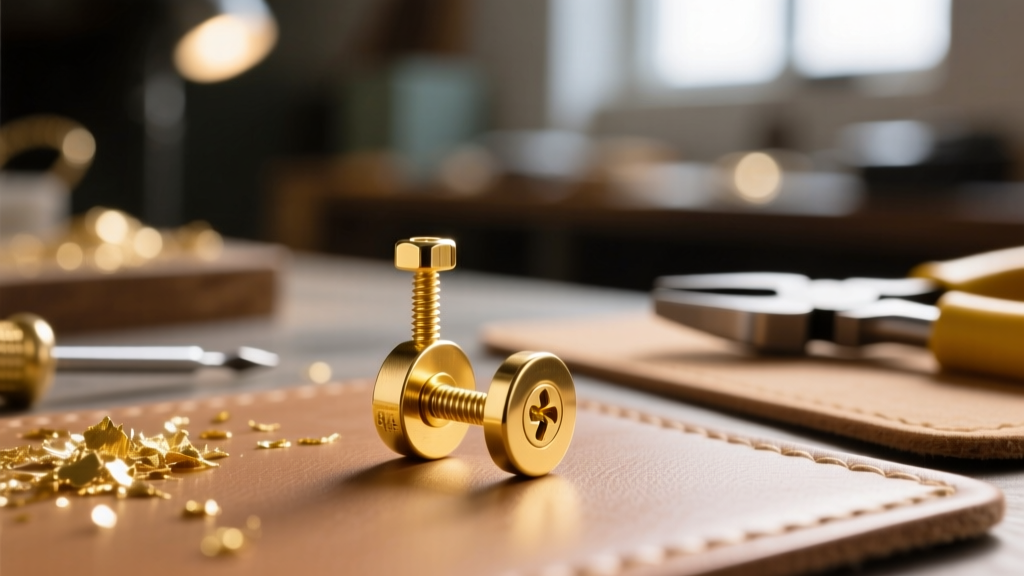 Close-up of a 20-gauge 14K yellow gold earring post with a screw-back mechanism against a blurred jewelry workshop background.
