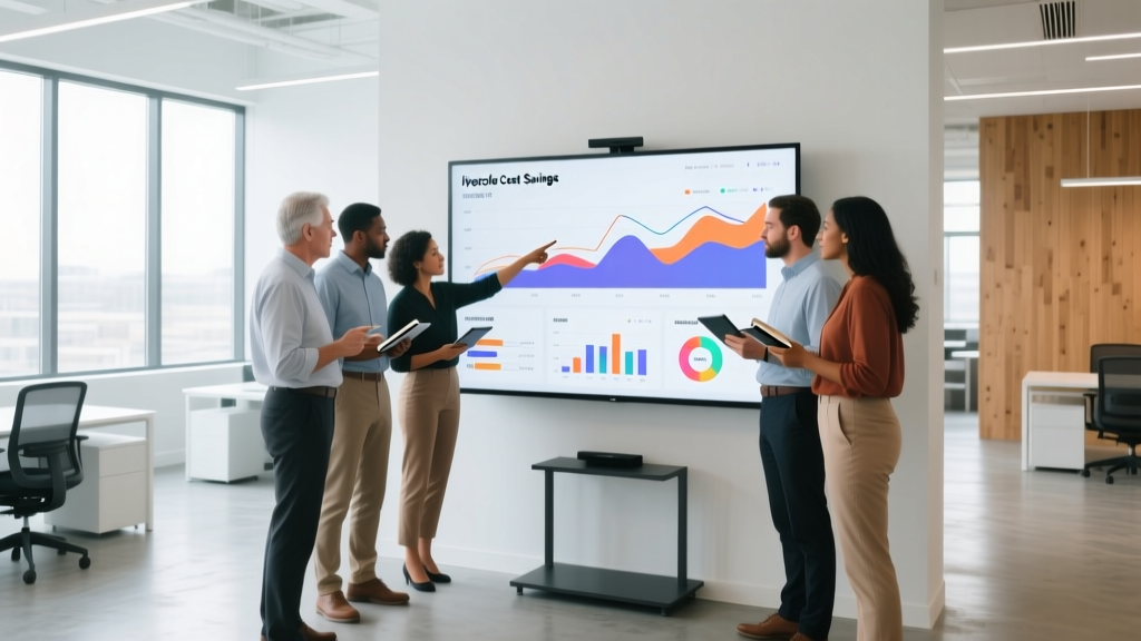 Marketing team analyzing digital charts showing lifecycle cost savings of insulated concrete forms in a bright modern office space.