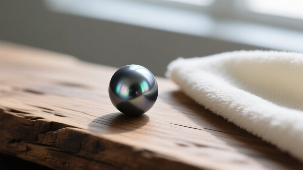 Macro shot of a dark grey Tahitian pearl with peacock overtones resting on weathered oak next to a soft microfiber cloth