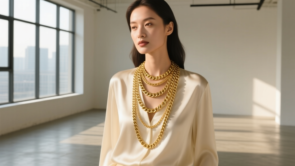 Woman wearing layered 14k gold Figaro and herringbone chains over a cream silk blouse, highlighting quiet luxury fashion trends.