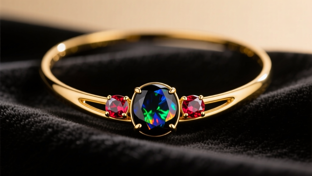 18k gold necklace with a bezel-set black opal and two brilliant rubies resting on dark velvet under soft, warm studio lighting