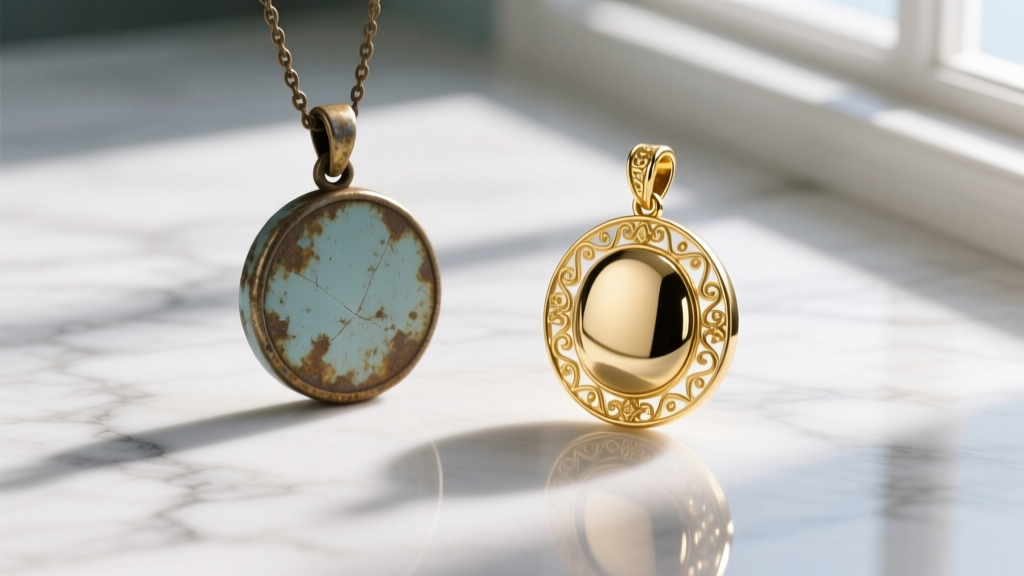 Flat lay comparing a tarnished theme park pendant next to a pristine 14k gold-filled custom alternative on a white marble surface.