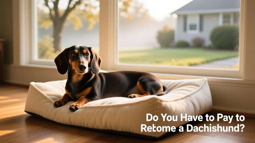 A calm Dachshund resting peacefully on a cozy dog bed beside a window with soft natural light