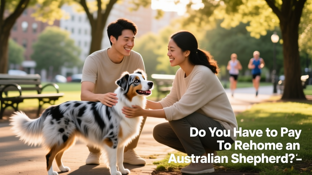 Two people smiling as they gently pet an Australian Shepherd during a supervised meet-and-greet in a park