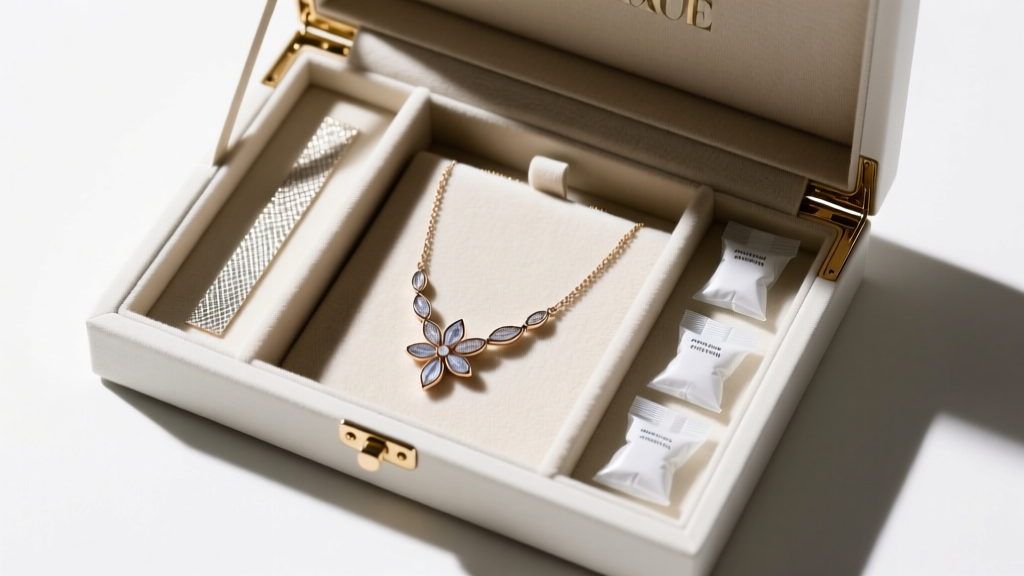 Overhead view of an organized jewelry storage box containing a hydroneer necklace, anti-tarnish strips, and silica gel packets