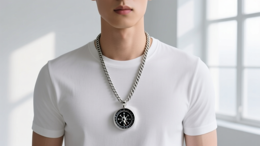 A 24-inch stainless steel rope chain with a silver compass pendant, resting on the mid-chest of a man in a plain white t-shirt