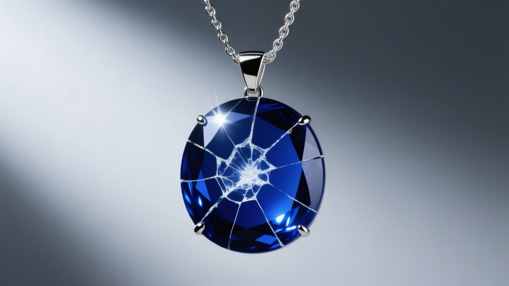 Close-up of a chipped cobalt blue glass pendant on a silver chain, showing sharp fracture edges under bright directional lighting.