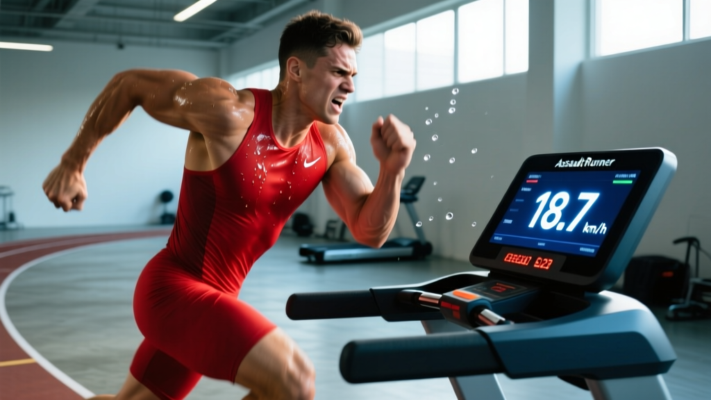 Athlete performing a maximal effort sprint on the AssaultRunner Elite with sweat dripping and digital display showing fast pace