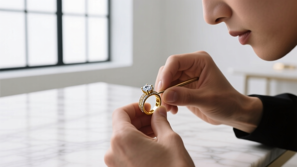 Jeweler's hands using a fine steel needle and baby powder to untangle a knotted 18k gold box chain on a white ceramic mat
