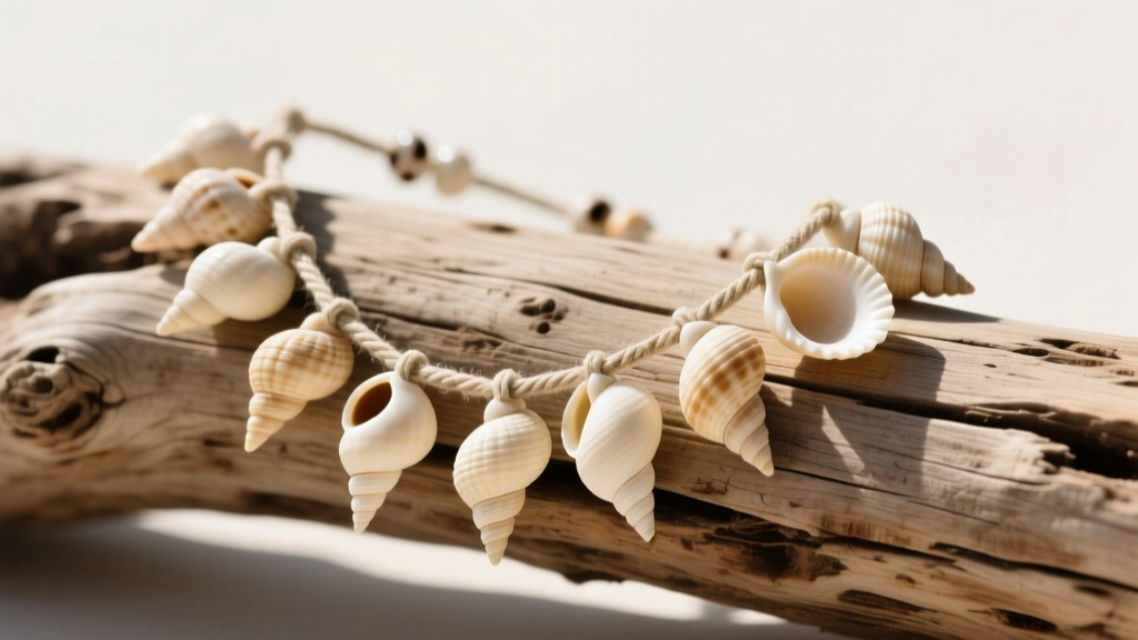 Authentic 2000s puka shell necklace on sun-bleached driftwood, showing naturally tapered holes and cream-colored cone shells.