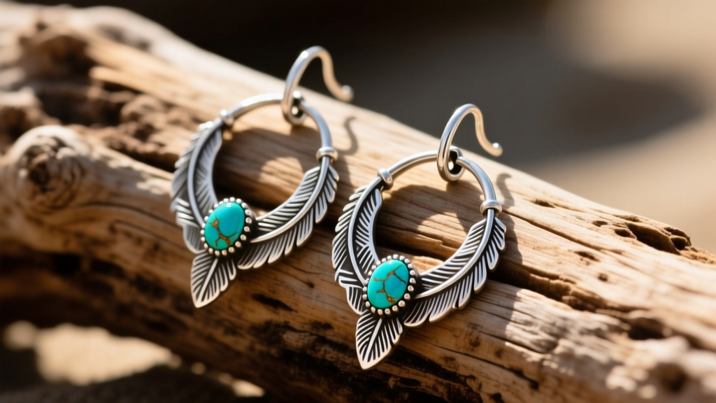 Handcrafted sterling silver hippies earrings with genuine turquoise stones and feather motifs resting on sunlit rustic driftwood.