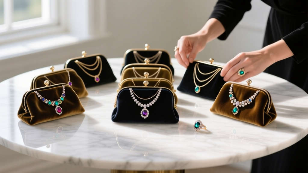 Event planner hands arranging velvet pouches containing layered necklaces and ring sets on a marble table for a corporate retreat.