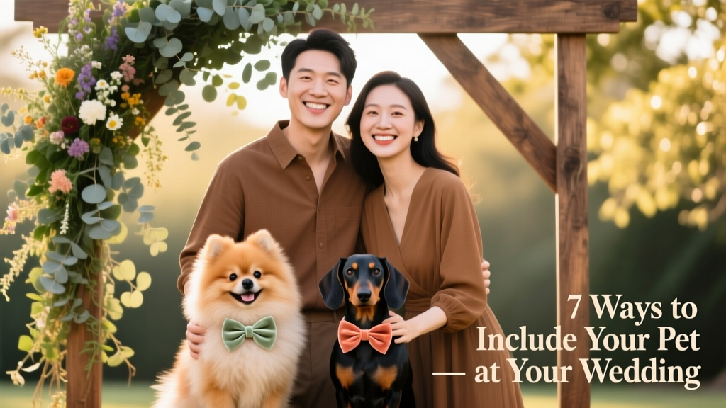 A couple posing with their two dogs wearing coordinated bow ties, standing beside a rustic wooden arch decorated with greenery