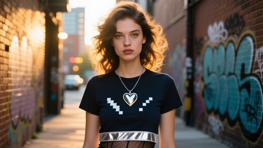 Young woman wearing a layered Y2K outfit featuring a silver heart pendant necklace over a dark graphic tee, flash photography