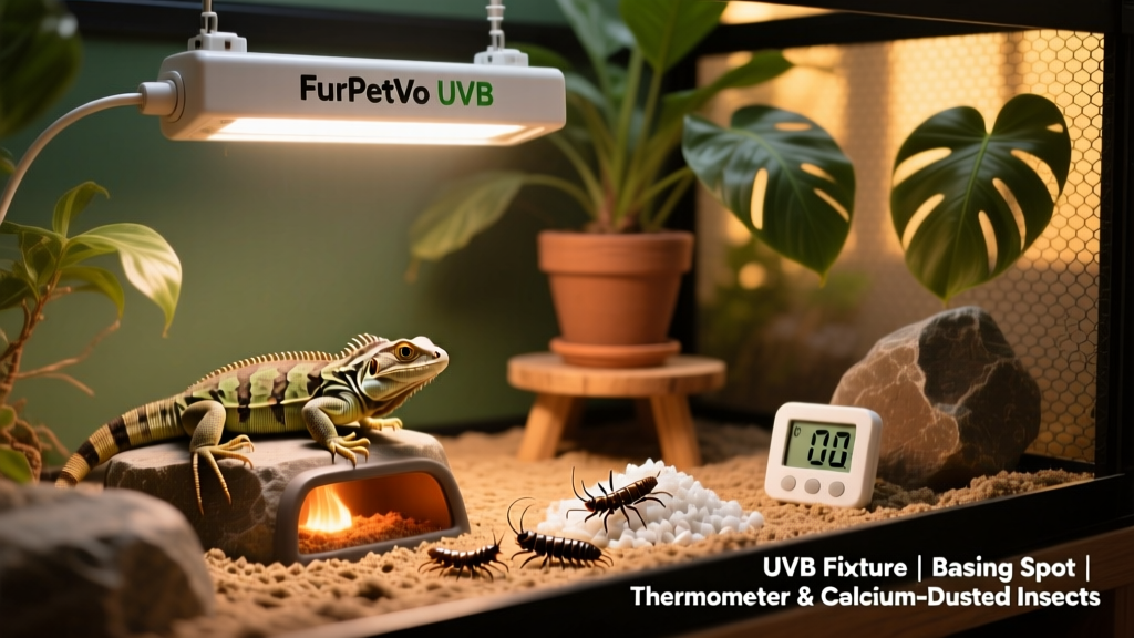 Properly set up reptile enclosure with FurPetVo UVB fixture, basking spot, thermometer, and calcium-dusted feeder insects