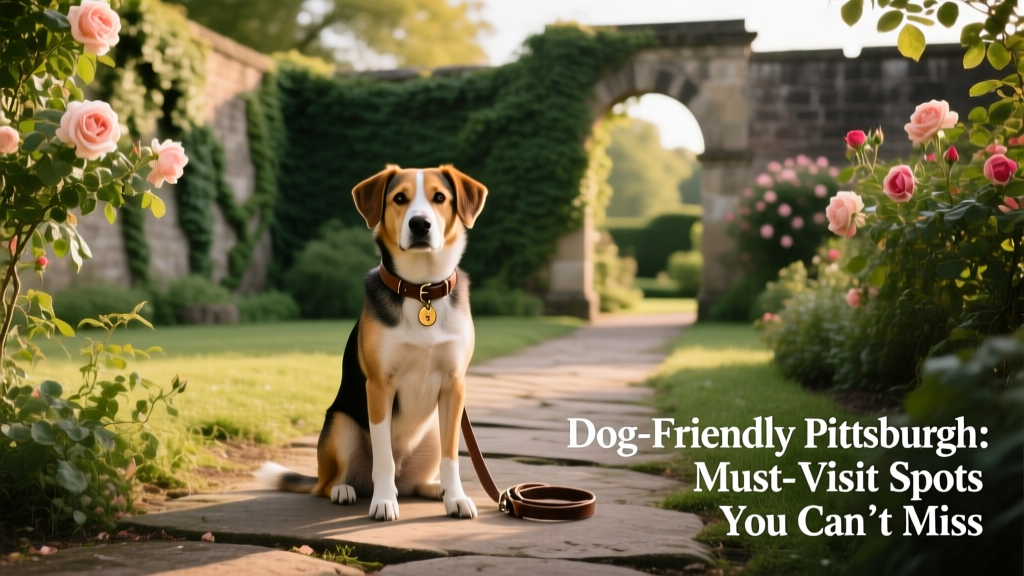 Mellon Park’s historic walled gardens with a dog sitting calmly on a stone path