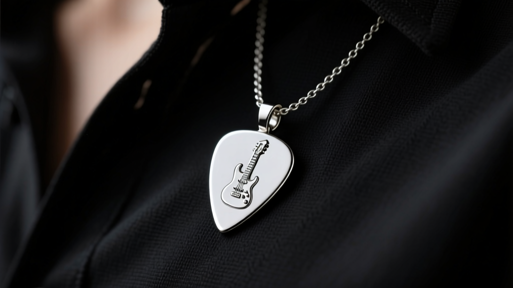 Polished silver guitar pick pendant on a chain against a black shirt, soft lighting highlighting the smooth metal.