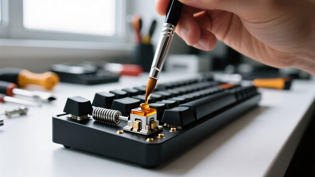 Enthusiast carefully applying Krytox 205g0 lubricant to the stem of a disassembled mechanical keyboard switch using a fine detail brush