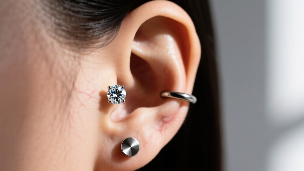 Ear profile showing a 20-gauge diamond lobe stud and a 16-gauge titanium flat-back labret secured in the upper helix cartilage.