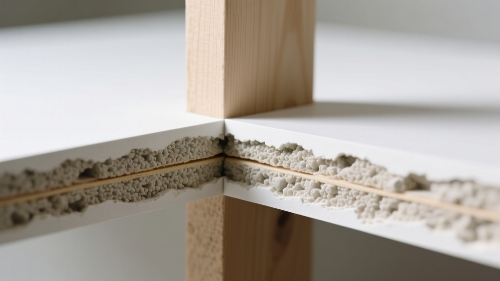 Close-up cross-section of a half-inch gypsum board showing the paper facing, tapered edges, and dense white gypsum core on a wooden stud