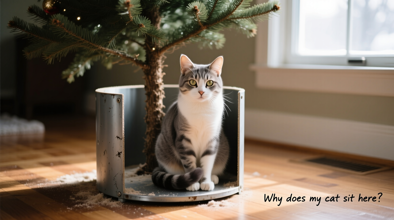 why does my cat sit in the empty christmas tree stand after takedown