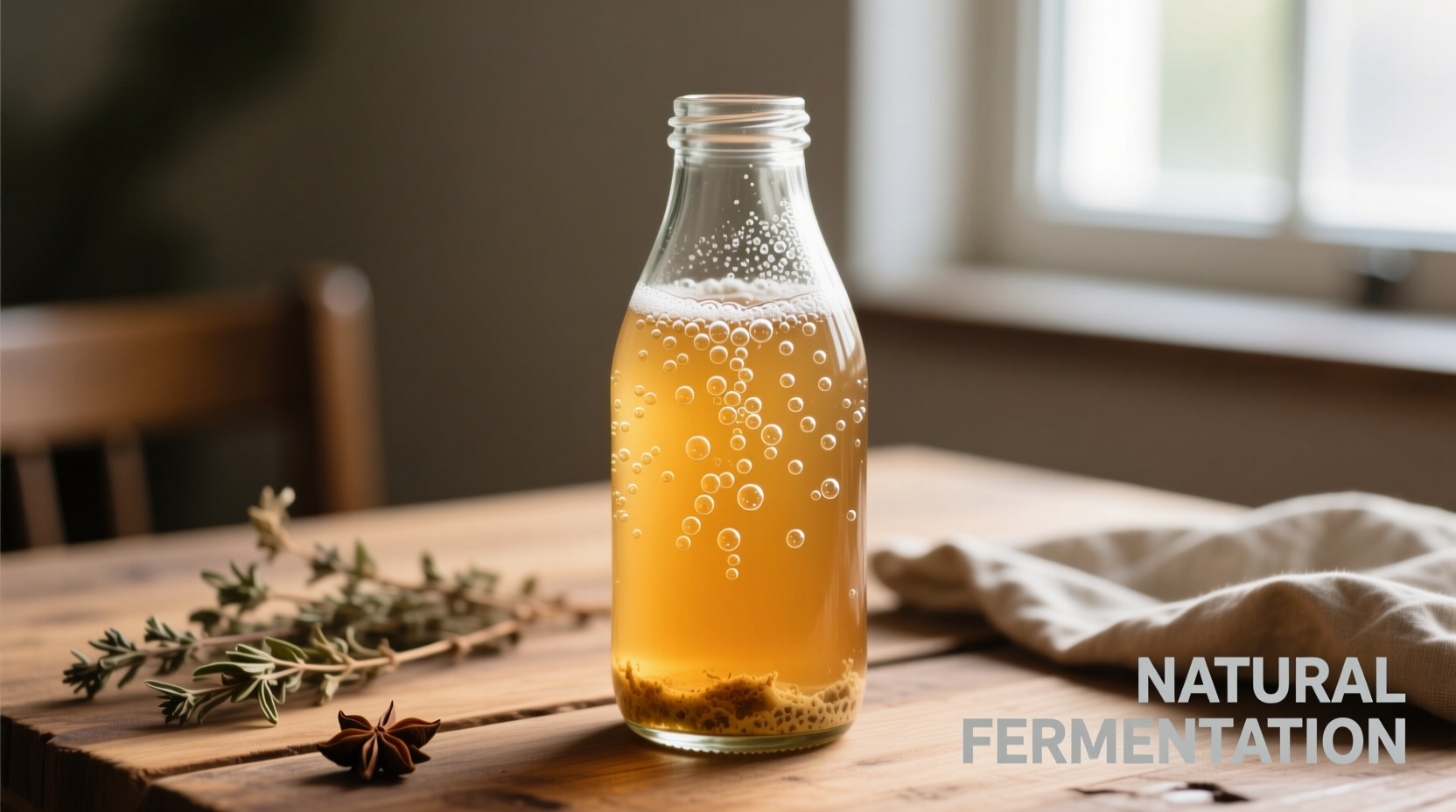 Fresh kombucha in a clear glass showing natural carbonation