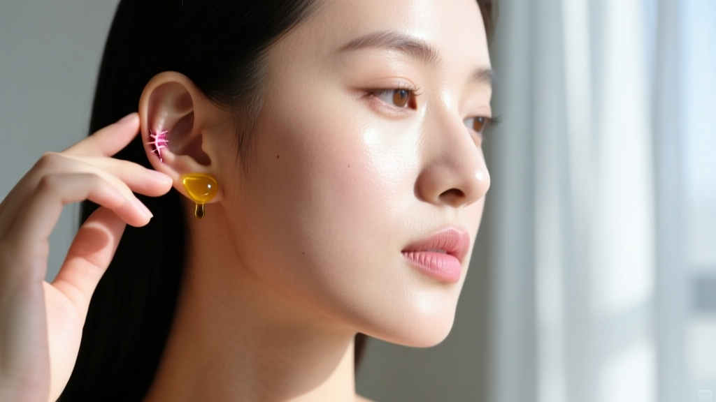 Woman massaging her bare earlobe with vitamin E oil, showing healthy unstretched piercing tissue in soft natural window light.