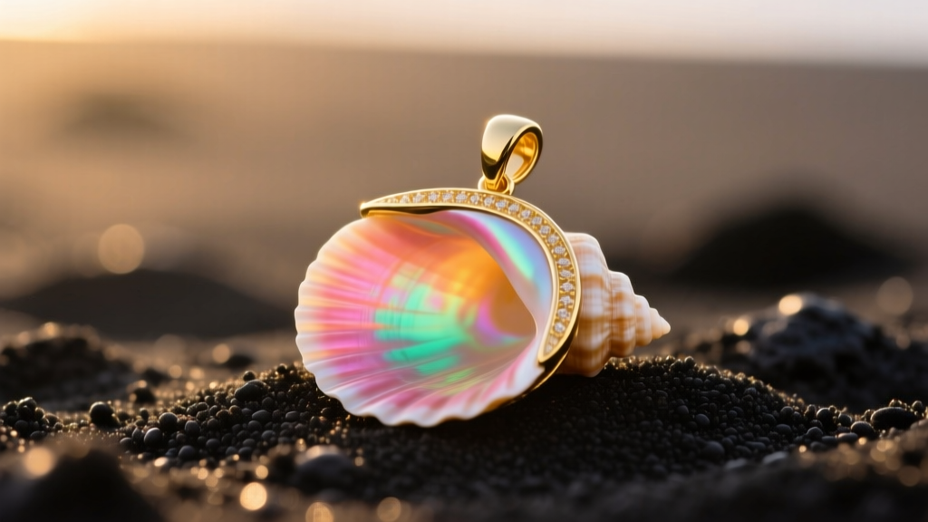 Macro shot of a Hawaiian sunrise shell pendant in an 18k gold bezel, resting on dark volcanic sand under soft morning light