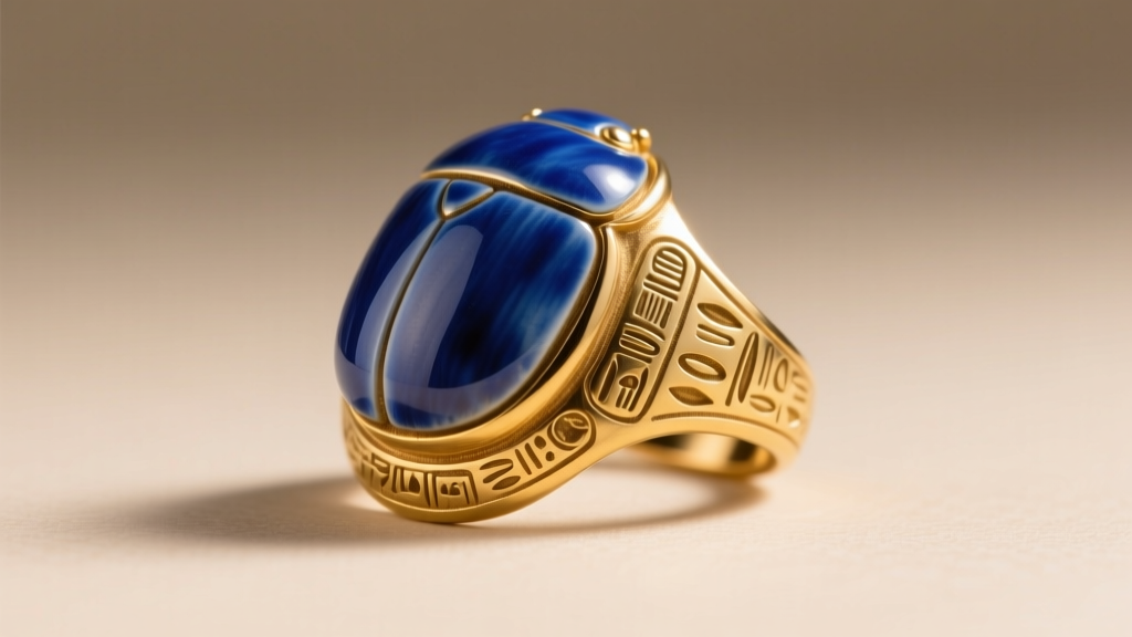 Macro shot of a blue faience ancient Egyptian scarab ring in 18k gold, showing carved hieroglyphs on the base under warm light.