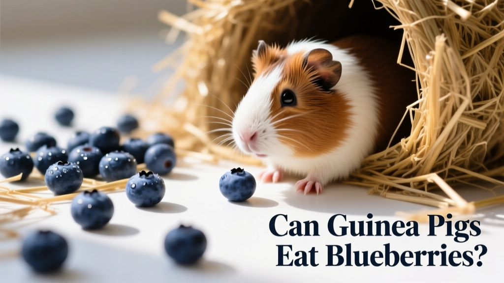 Fresh, washed blueberries scattered on a clean surface next to a guinea pig's hay-filled habitat