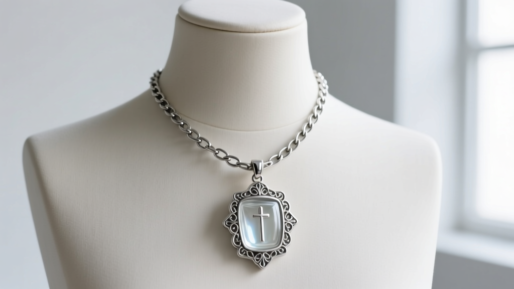 A 1.5mm stainless steel box chain connecting to a heavy glass and silver holy water pendant, shown on a mannequin neckline