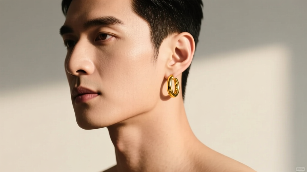Man with a square jawline looking off-camera, wearing a 12mm 14k yellow gold hoop earring that softens his angular facial features