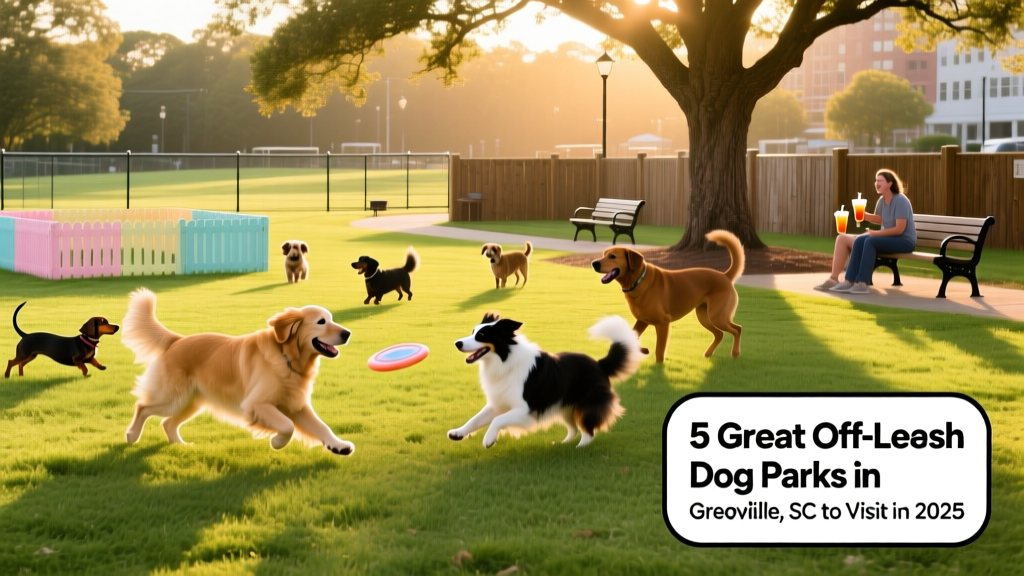 A sunny, grassy off-leash dog park with dogs playing, separate fenced zones for small and large dogs, and shaded benches